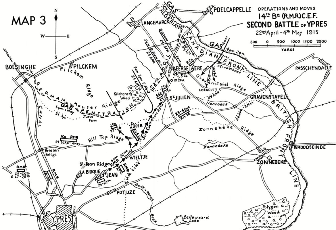Canadian Grenadier Guards positions at 2nd Ypres, April, 1915