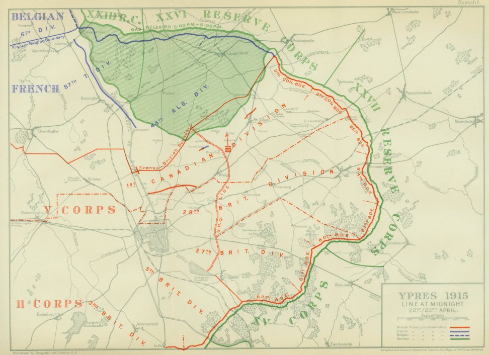 The lines at midnight 22/23 April, 1915.