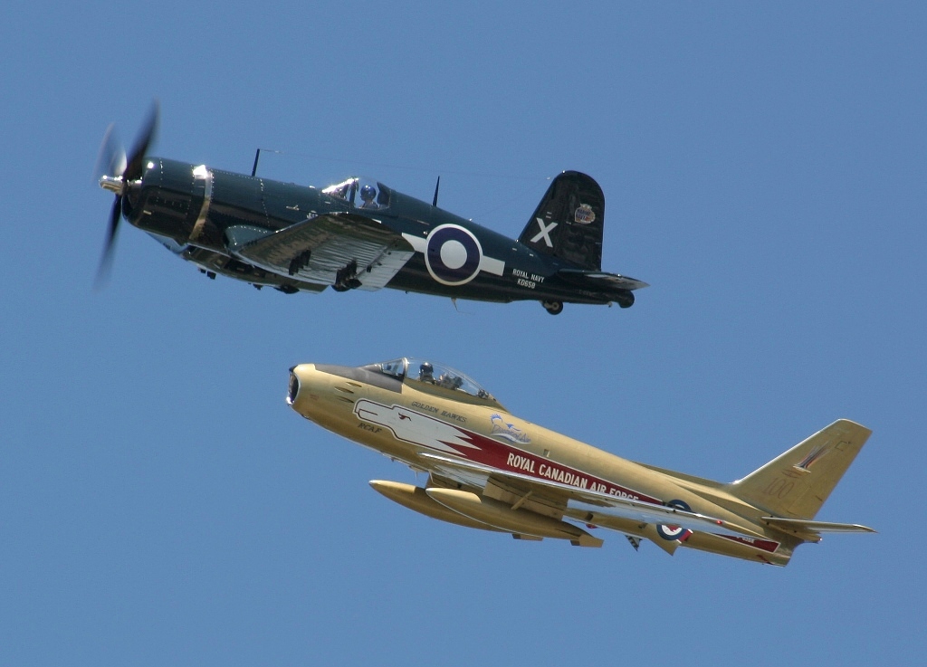 Commemorating the Navy and Air Force centennials, a Goodyear FG-1D Corsair and a F-86 Sabre painted in Golden Hawk colours flew in formation during their first public display at the 2010 Waterloo Aviation Expo and Air show, which took place June 19-20. The Corsair commemorated the Canadian Navy Centennial, which is taking place throughout 2010, and the Sabre commemorated the Centennial of Flight, which took place in 2009.
